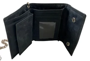 Black Suede Trifold Wallet Featuring Snap Closure Coin Pouch and Chain Made with Genuine Leather