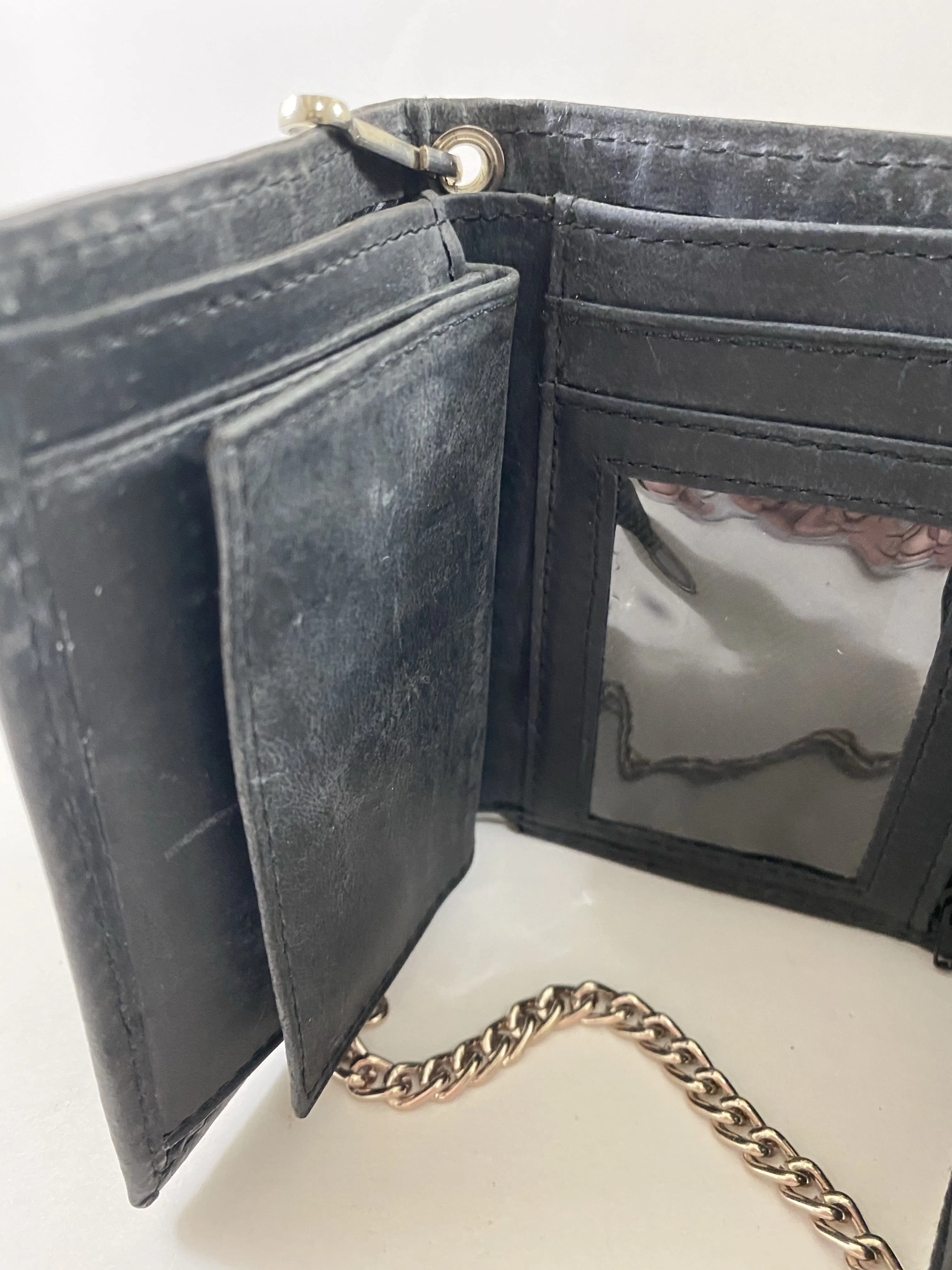 Black Suede Trifold Wallet Featuring Snap Closure Coin Pouch and Chain Made with Genuine Leather