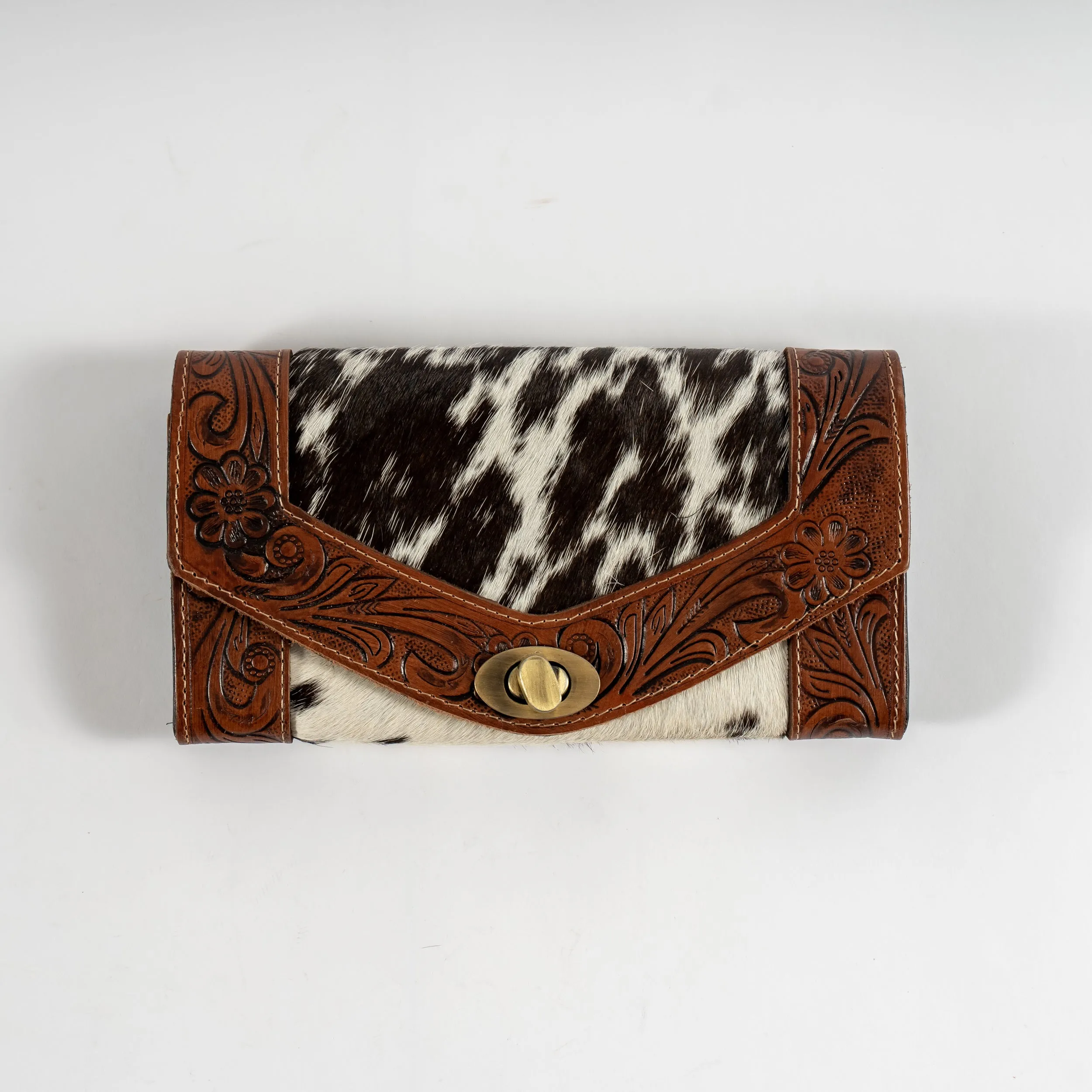 Hand-Tooled Cowhide Turn Lock Wallet