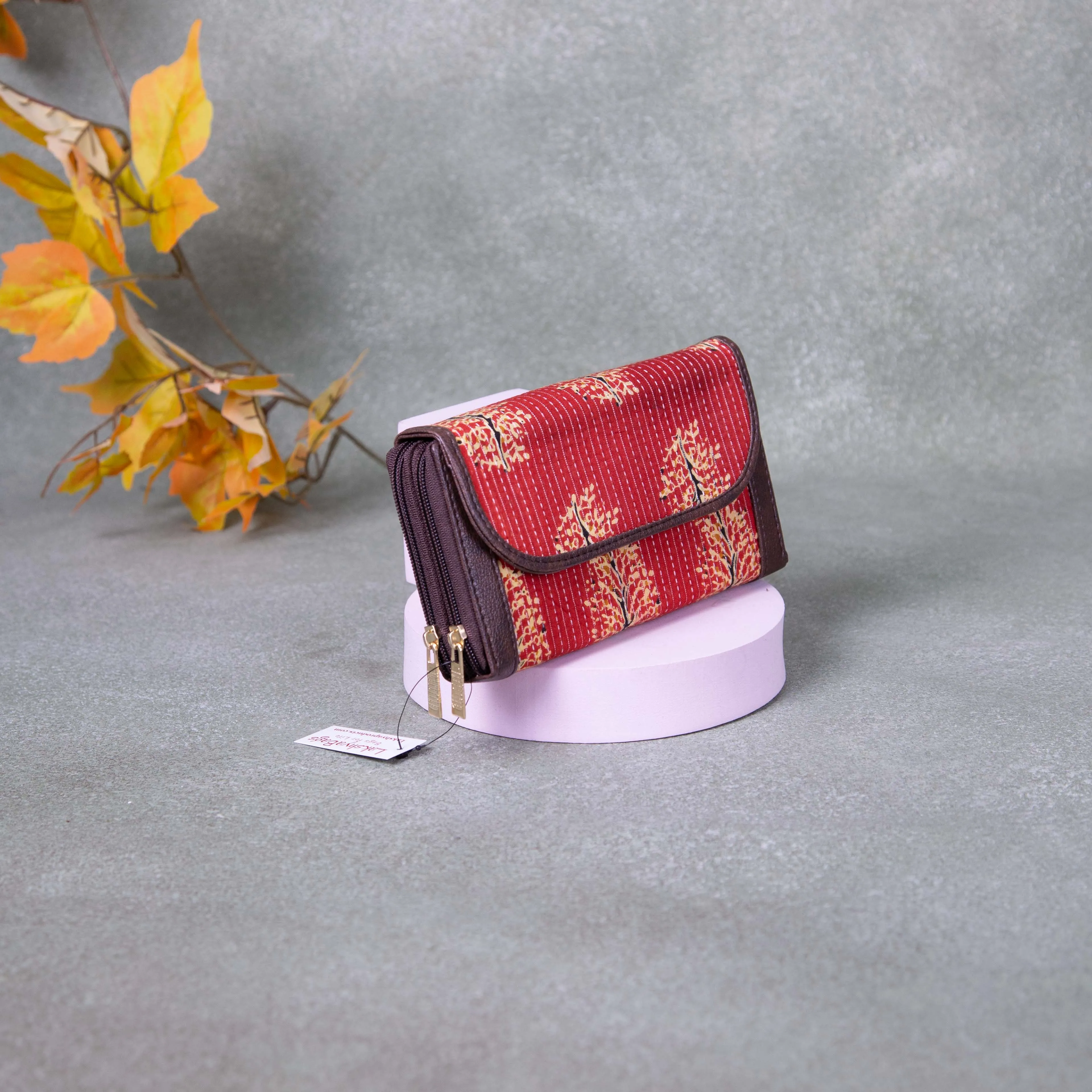 Handmade Wallets -  Dual Zip Red Flower Graphic Printed Design
