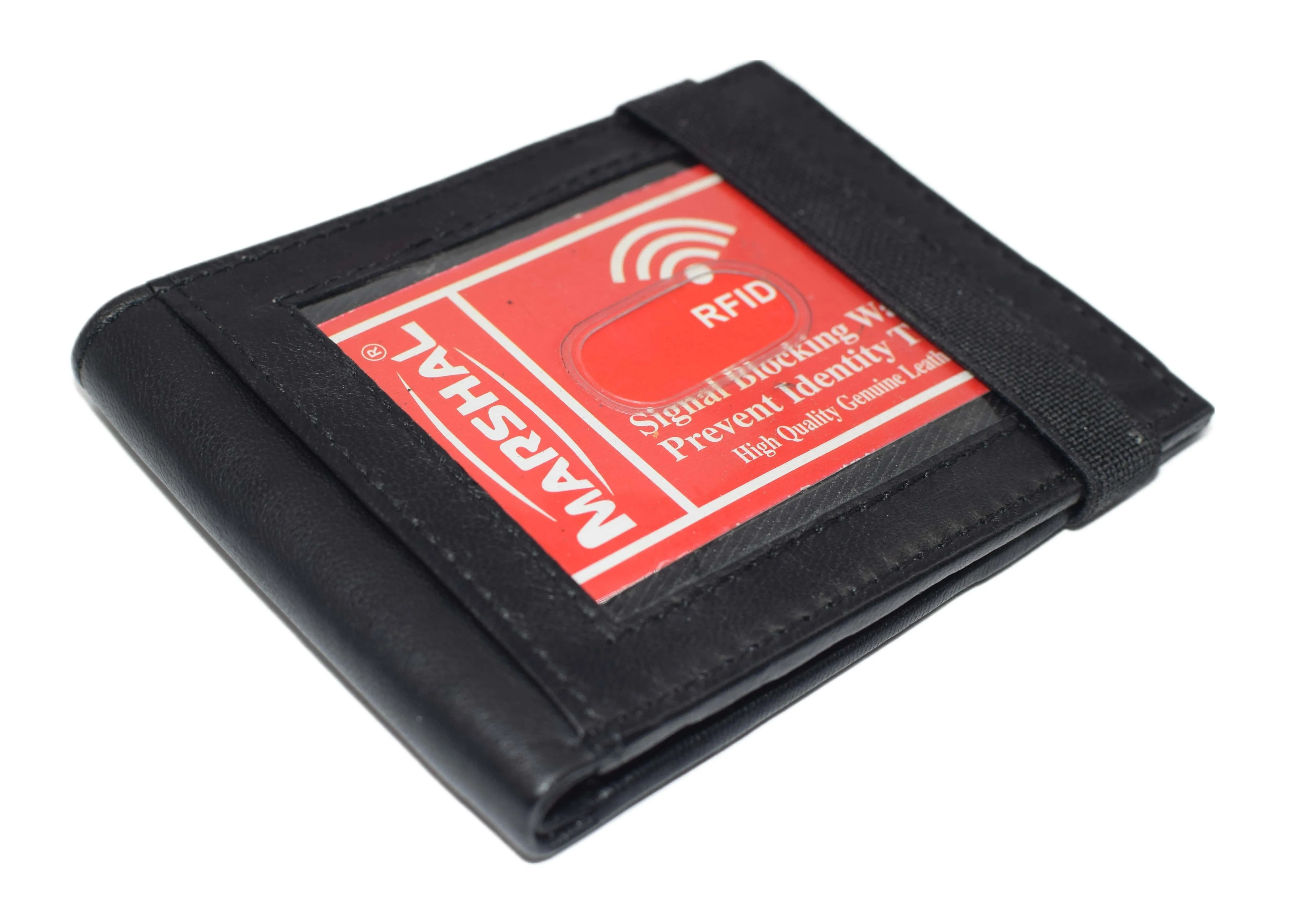 Marshal Genuine Leather Slim Bifold Exterior ID Card Holder Wallet with Elastic Band Closure