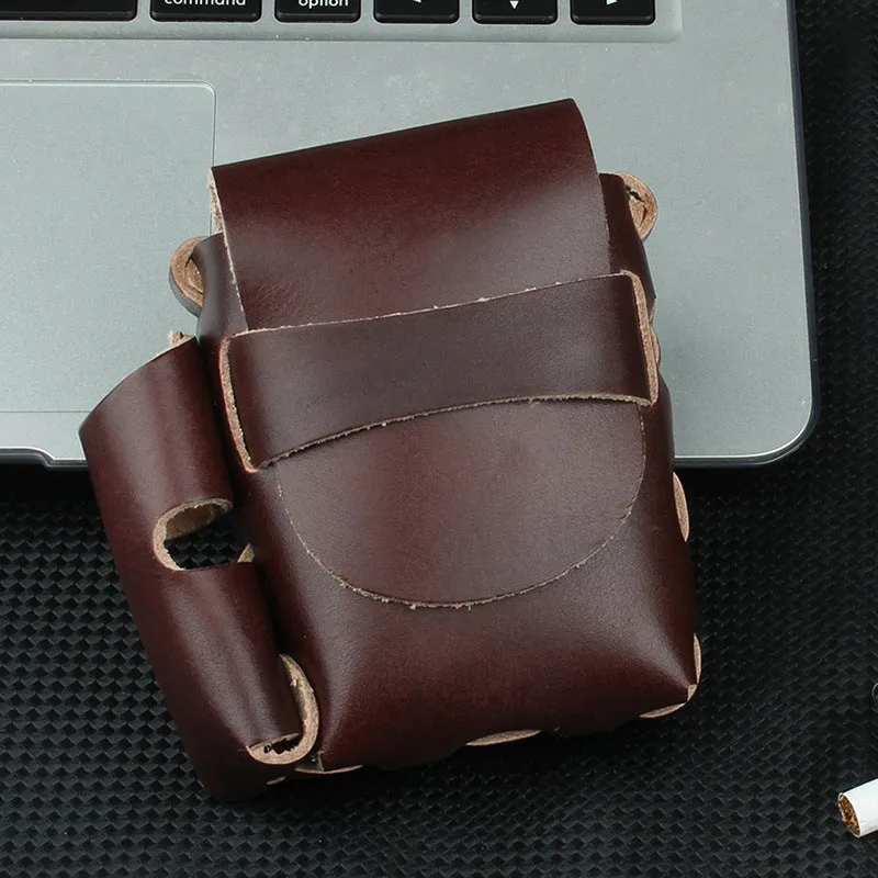 VIntage Handmade Portable Genuine Leather Cowhide Cigarette Case With Lighter